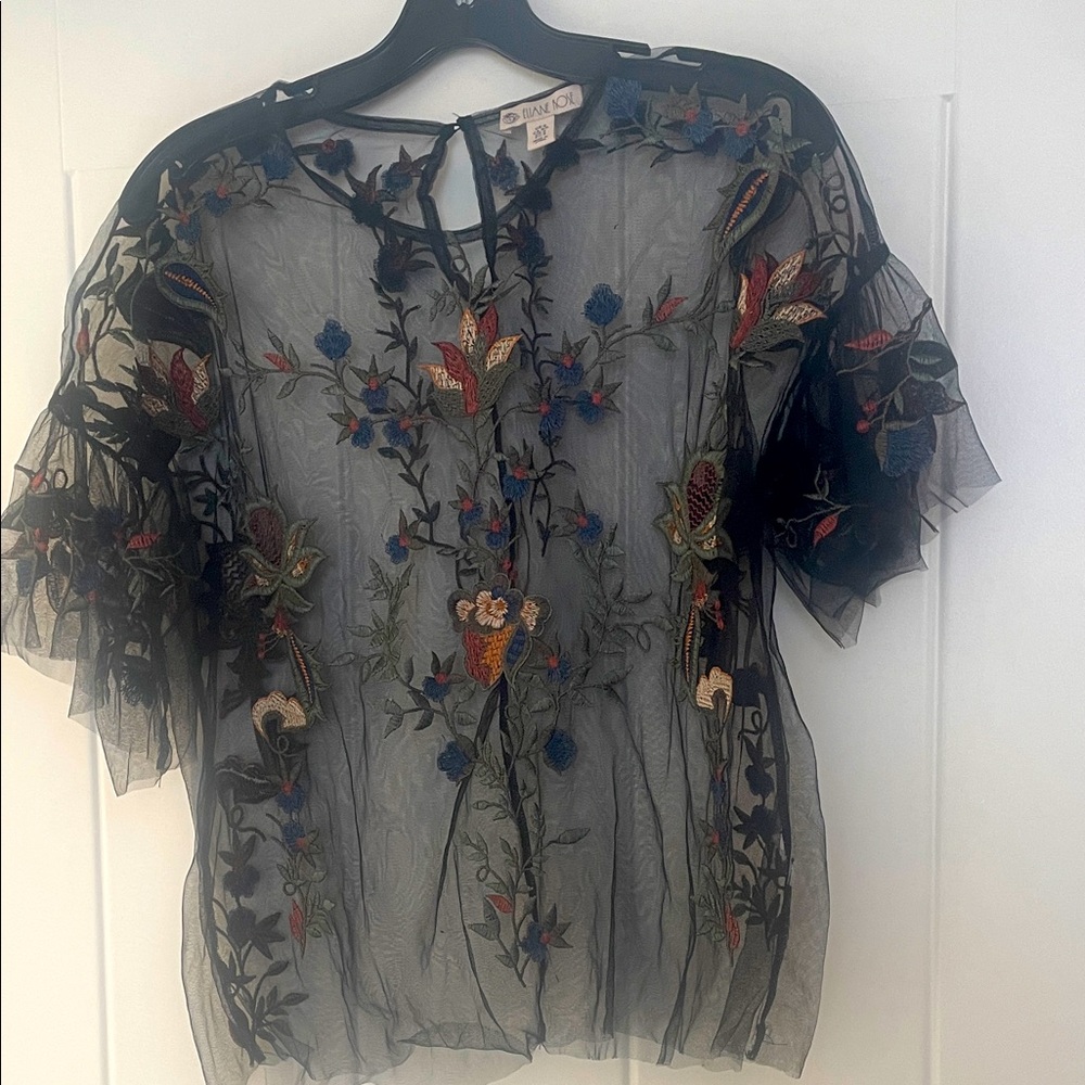Black Sheer Top with Multicolor Floral Embroidery